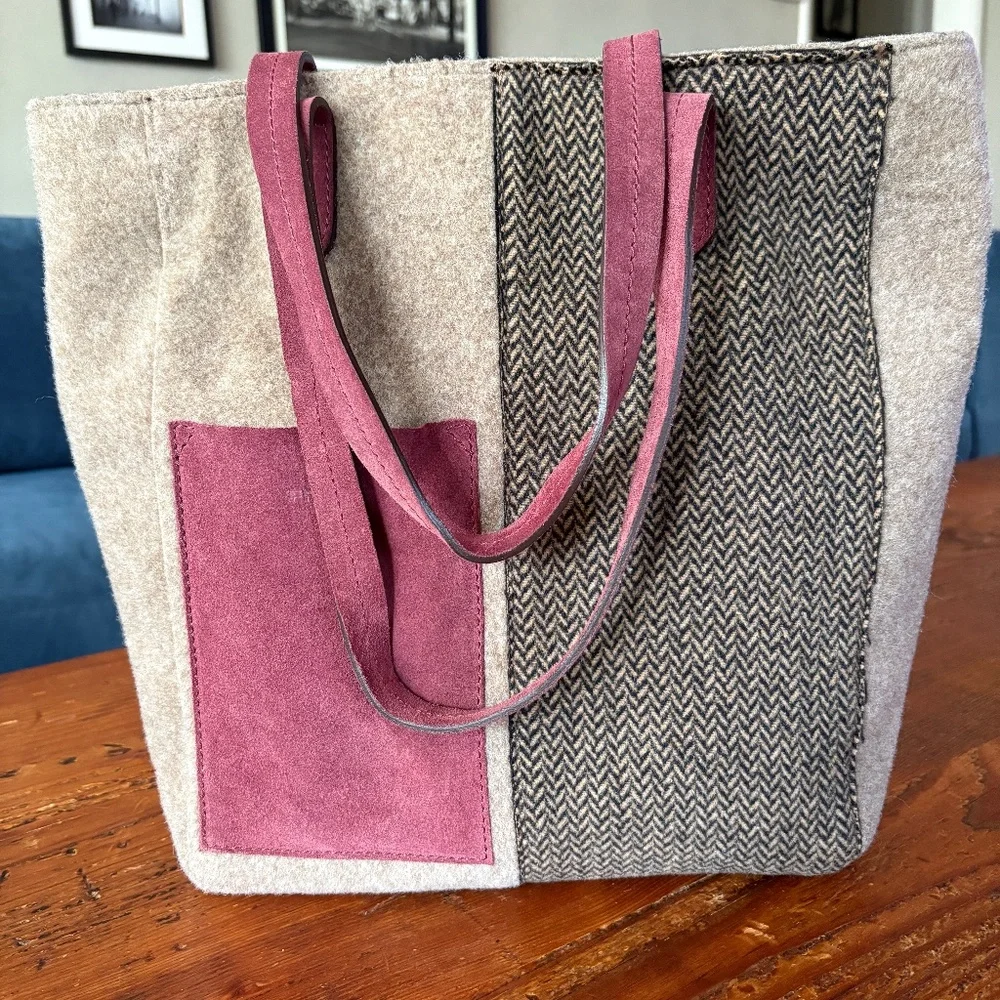 Frau Wool and Suede Tote Bag , Tan and Black Herringbone, Wine/Purple Italy